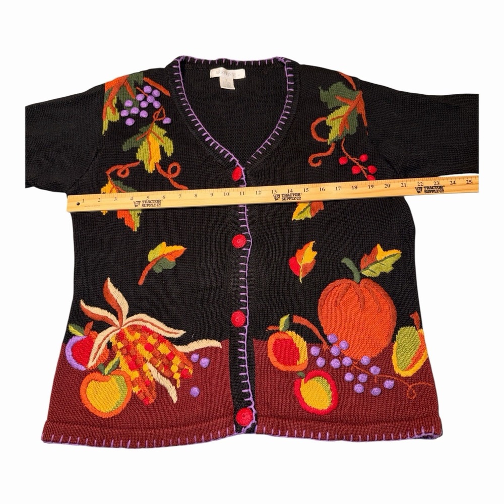 Vintage 90s Arriviste Size M Fall Harvest Cardigan 3D Embroidered Pumpkin Ramie - Picture 6 of 8